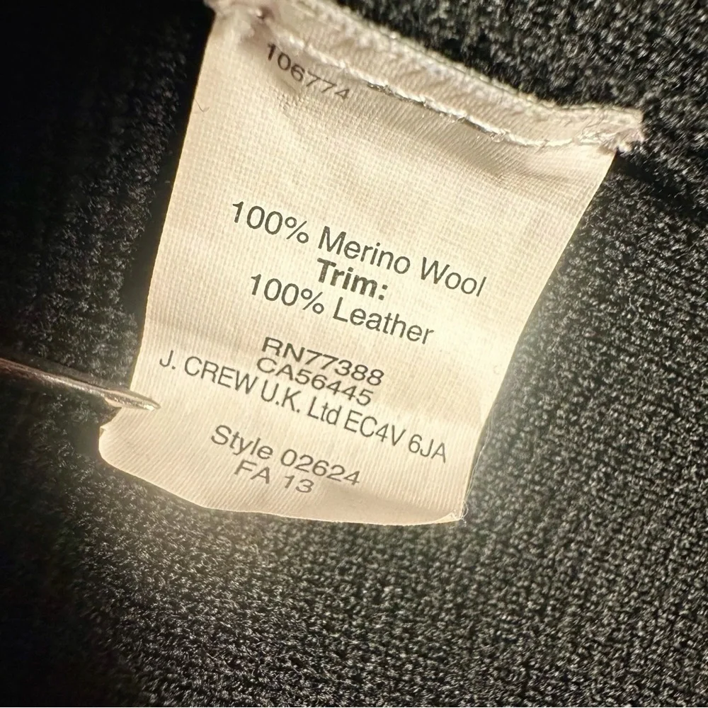 NWOT J. Crew Black ‘100% Merino Wool & Genuine Leather Pocket Sweater’ Size XS
